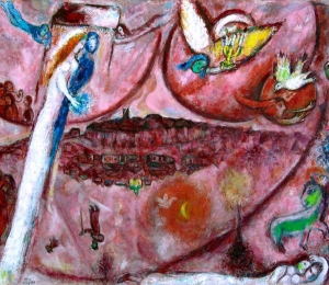 Picture:  Marc Chagall - The Song of Songs III 1960. The Return of the Promised Land. Two persons rise upwards towards the point indicated by an angel bearer of light, and two cities (the material and spiritual world) can be seen in the middle. In the inverted city, there is a dome with a cross and a pilgrim. &quot;After the expulsion from the Garden of Eden, men return to the Promised Land.&quot; 